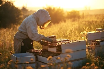 Beekeeper wearing a protective suit tending to beehives at sunset in a serene field, carefully harvesting honeycombs while ensuring the well-being of the bees