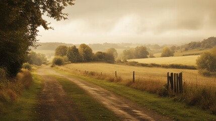 Fototapeta premium Serene Countryside Path: A Golden Hour Landscape
