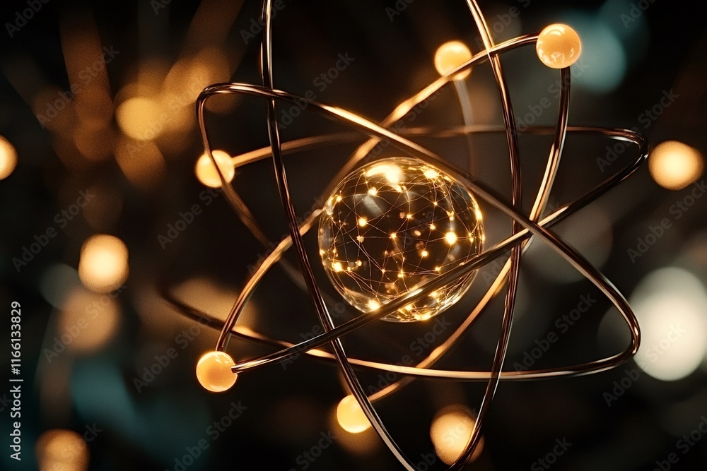 Poster electrons are orbiting around nucleus in atom structure model with glowing yellow lights and blurred