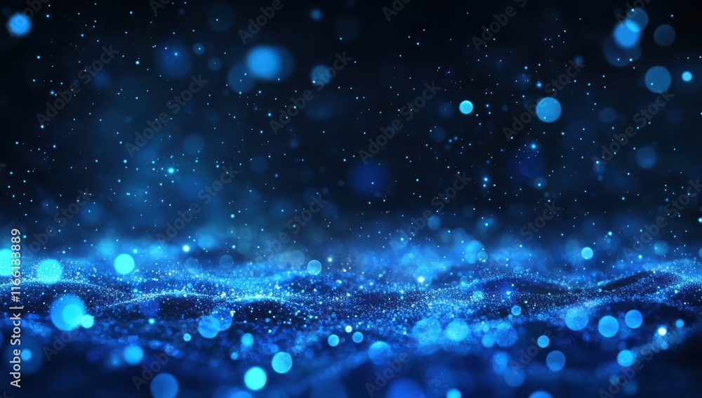 Poster abstract blue background with sparkling bokeh lights, soft particles, and glowing dust creating a dr