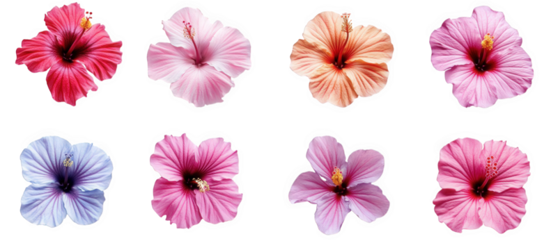 collection of hibiscus flowers in various colors. including shades of red. pink. purple. and peach the flowers are arranged in a grid format. showcasing their delicate petals and vibrant hues. ideal f - Powered by Adobe