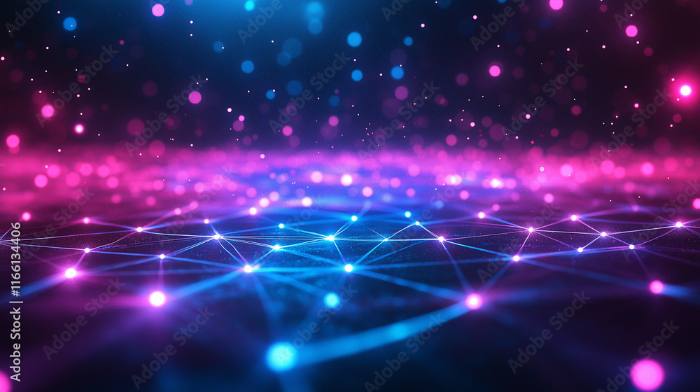 Poster Futuristic glowing grid in neon tones for tech-themed designs. Abstract background perfect for presentations and digital art projects.
