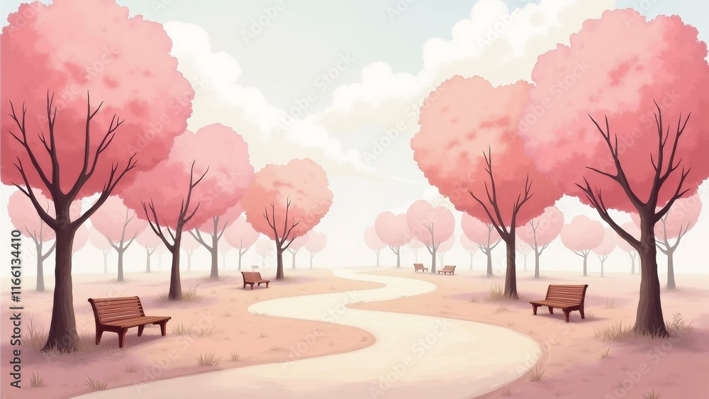 Poster the image is a digital illustration of a park with a winding path in the center. the path is surroun