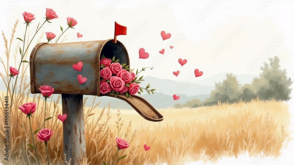 Poster the image is a digital illustration of a mailbox in a field. the mailbox is made of metal and has a 