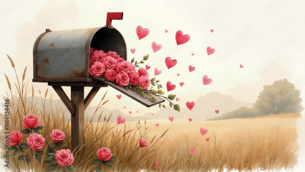 Aufkleber the image is a digital illustration of a mailbox in a field. the mailbox is black and has a red hand