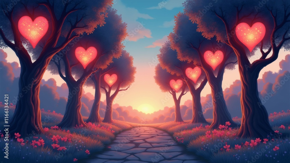 Poster the image is a digital illustration of a pathway through a forest at sunset. the pathway is made of 