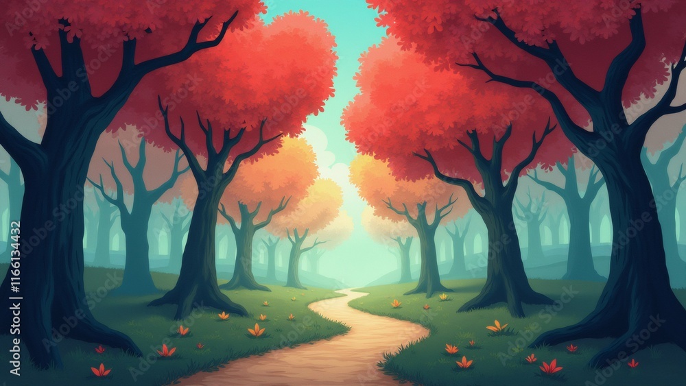 Poster the image is a digital illustration of a path through a forest. the trees on either side of the path