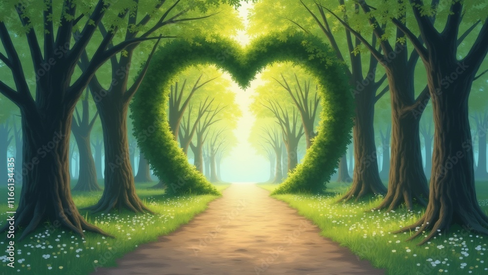 Poster the image is a digital illustration of a pathway in a forest. the pathway is made of dirt and is sur