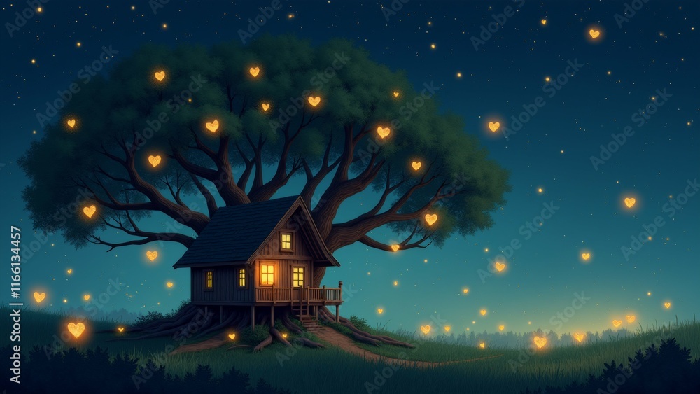 Poster the image is a digital illustration of a tree house in the middle of a field at night. the tree has 