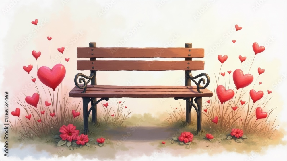 Poster the image is a digital illustration of a wooden bench in a garden. the bench is brown in color and h