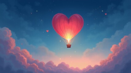 Obraz premium The image is a digital illustration of a heart-shaped hot air balloon floating in the sky. The balloon is pink and orange in color and is in the center of the image.