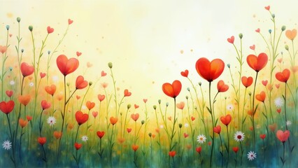 Fototapeta premium The image is a painting of a field of red poppies and daisies. The background is a light yellow color, and the flowers are in various shades of pink, red, and white.