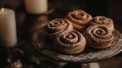 Freshly baked cinnamon rolls are adorned with powdered sugar and displayed charmingly on a plate. Dim ambient lighting creates a warm and inviting indoor feel, perfect for cozy moments.