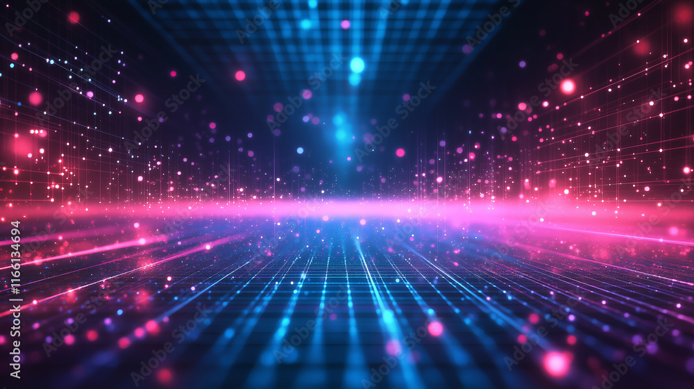 Poster futuristic glowing grid in neon tones for tech-themed designs. abstract background perfect for prese