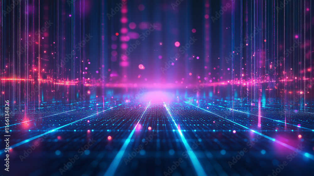 Poster Futuristic glowing grid in neon tones for tech-themed designs. Abstract background perfect for presentations and digital art projects.
