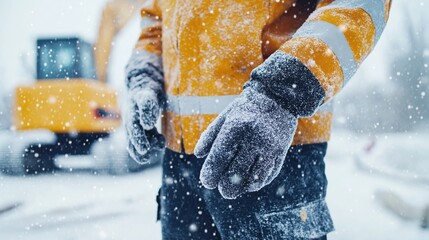 Construction worker in winter weather. Closeup of lower body in protective clothing. Covered in snow. Working hard despite harsh conditions. Heavy snow. Construction site. Dedicated worker. Modern