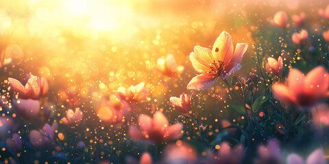 Spring landscape featuring a field of blooming wildflowers in vibrant colors