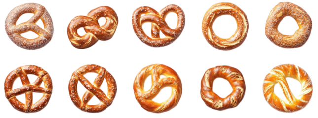 variety of pretzels arranged in two rows. showcasing different shapes and textures the pretzels are golden-brown. with some sprinkled with coarse salt. highlighting their delicious appearance to entic