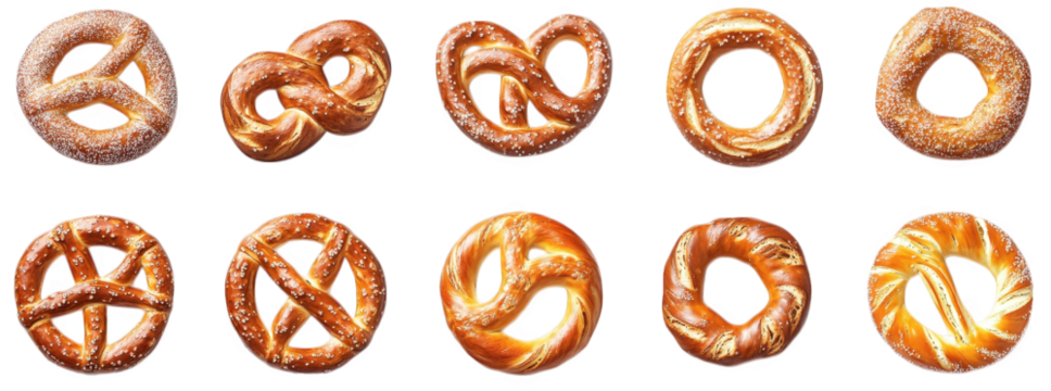 variety of pretzels arranged in two rows. showcasing different shapes and textures the pretzels are golden-brown. with some sprinkled with coarse salt. highlighting their delicious appearance to entic