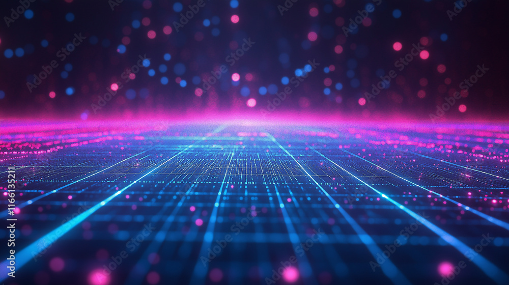 Poster High-tech abstract grid featuring a vibrant gradient and glowing lines. A sleek choice for innovation-focused visuals and designs.
