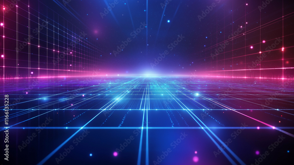 Poster High-tech abstract grid featuring a vibrant gradient and glowing lines. A sleek choice for innovation-focused visuals and designs.
