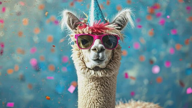 A fun-loving alpaca celebrates in style, wearing party hat and sunglasses amidst a shower of colorful confetti.