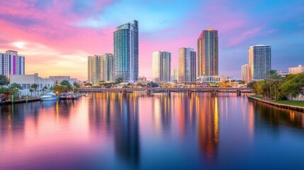 Obraz premium Vibrant Cityscape with River at Sunset