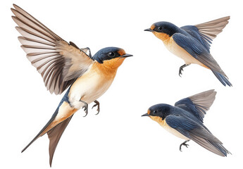 Fototapeta premium three flying birds. showcasing their vibrant plumage and dynamic wing positions the birds are depicted in a naturalistic style against a white background. emphasizing their graceful movements and colo