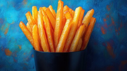 Golden french fries in a dark cup against a vibrant blue background.  A delicious, crispy treat!