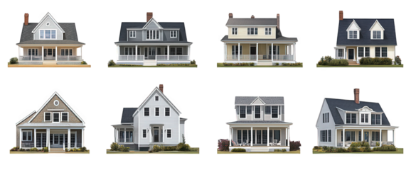 a collection of eight different house designs. each featuring distinct architectural styles. colors. and layouts this visual representation serves as a resource for inspiration in home design or real