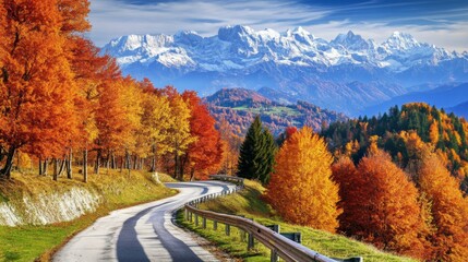 Winding Mountain Road Surrounded by Vibrant Fall Colors