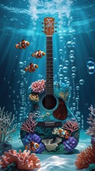 "A surreal underwater scene featuring an acoustic guitar integrated with marine life elements. The guitar body is designed to resemble a vibrant coral reef, complete with clownfish swimming...