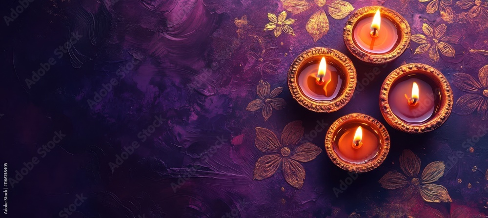 Poster beautiful array of traditional candles with flickering flames on a colorful background featuring flo
