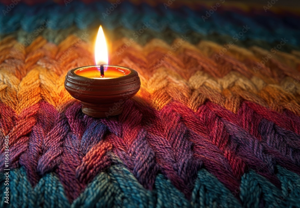 Poster beautiful candle flame illuminating colorful knitted background creating a warm and cozy atmosphere 