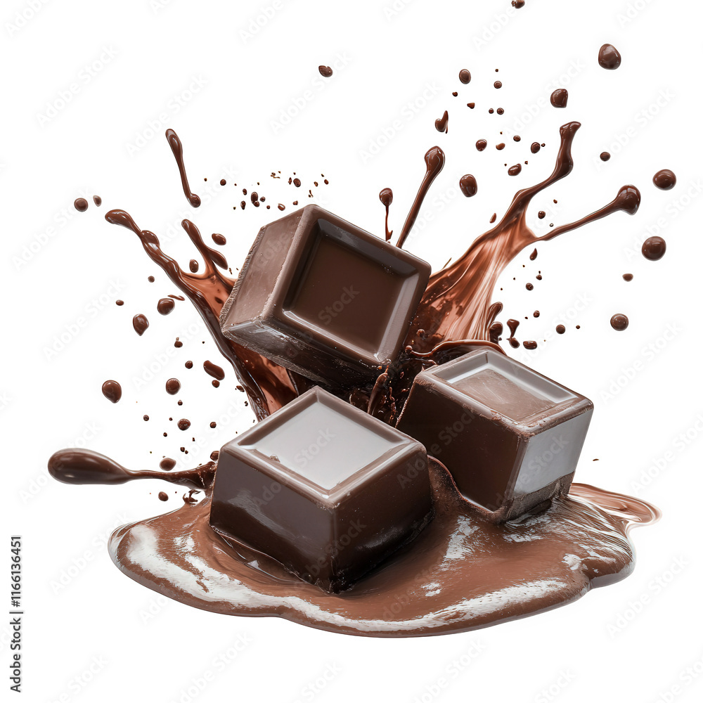 Poster three chocolate cubes splashing in liquid chocolate. creating a visually appealing and indulgent sce