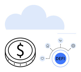Coin with dollar sign, cloud illustration, and DEFI hub linked to icons for home, shopping, heart, and gear. Ideal for finance, blockchain, technology innovation decentralization investments