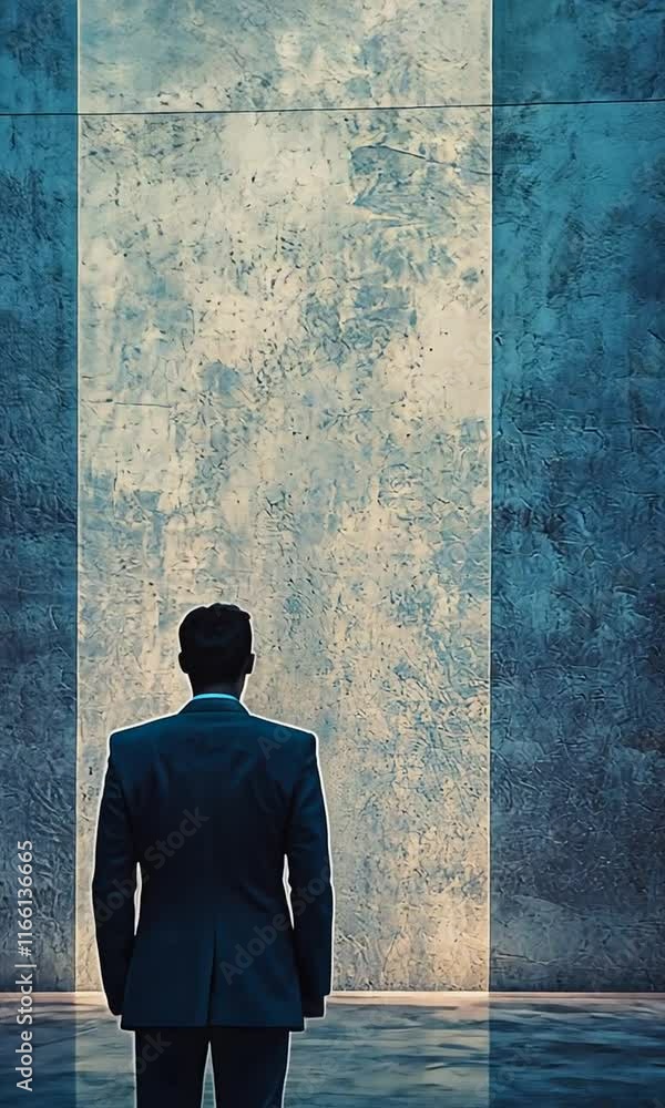 Aufkleber man in suit contemplates ambition and introspection before illuminated wall in modern architectural 