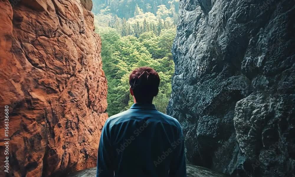 Poster mans adventure at edge of cliffs journey through natures path, exploring choices in forest landscape