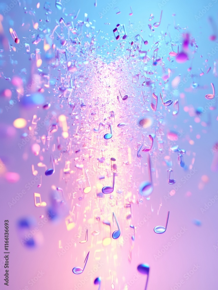 Aufkleber Colorful 3D music notes floating in a vibrant background with shimmering light effects creating a magical atmosphere. Generative AI