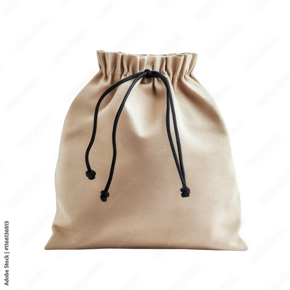 Poster simple. beige drawstring bag made of soft material. designed for carrying various items its minimali