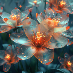 magical flowers with transparent petals, in the center of which there are many bright stamens. Each petal is decorated with drops of dew.,.    