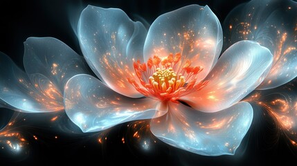 Glowing translucent flower with orange center and sparkling petals on black background.