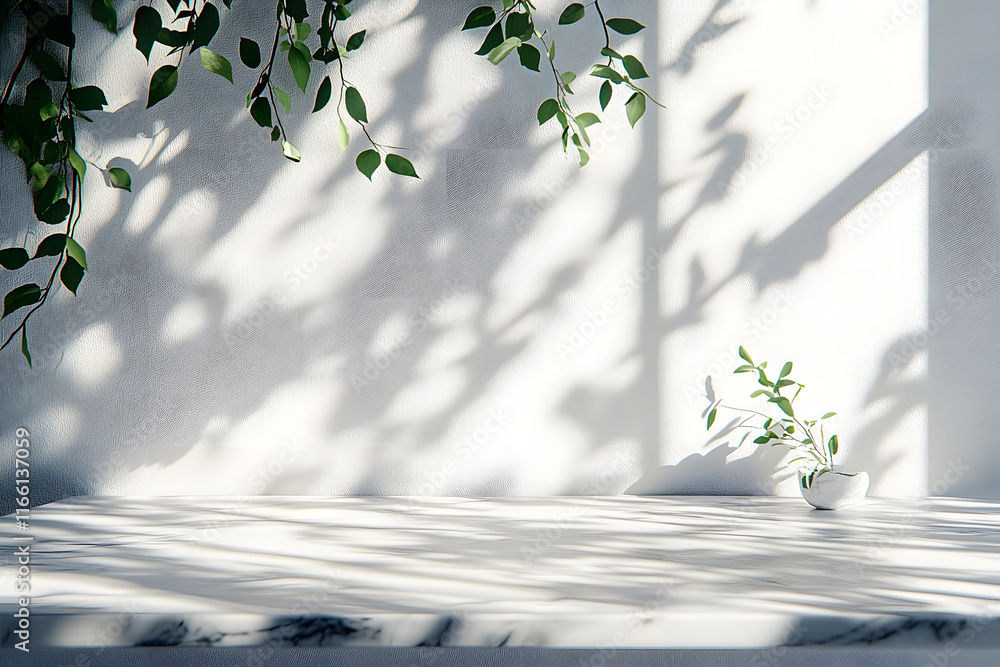 Poster a marble table with a tree shadow casting onto a white wall serves as a background for product mocku