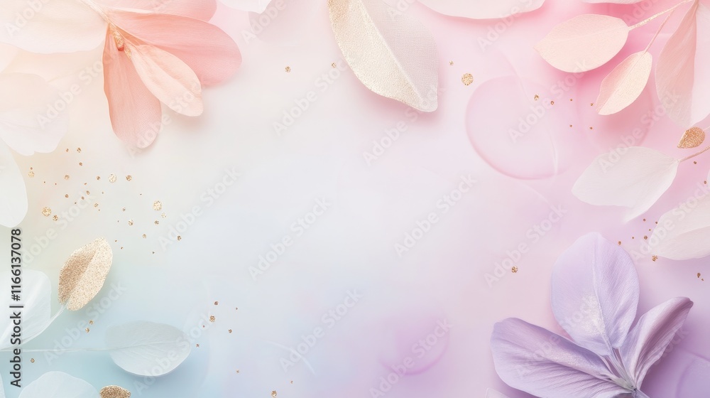 Poster soft pastel floral background with delicate petals and shimmering accents creating a serene and eleg