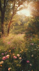 Naklejka premium Bright Sunset Illuminating a Vibrant Wildflower Meadow Surrounded by Lush Trees in a Serene Natural Setting