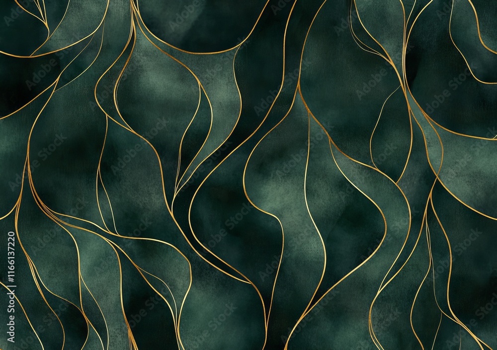 Poster elegant dark green background with flowing golden lines creating a harmonious abstract design for ar