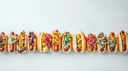 Colorful Display of Gourmet Hot Dogs with Sauces