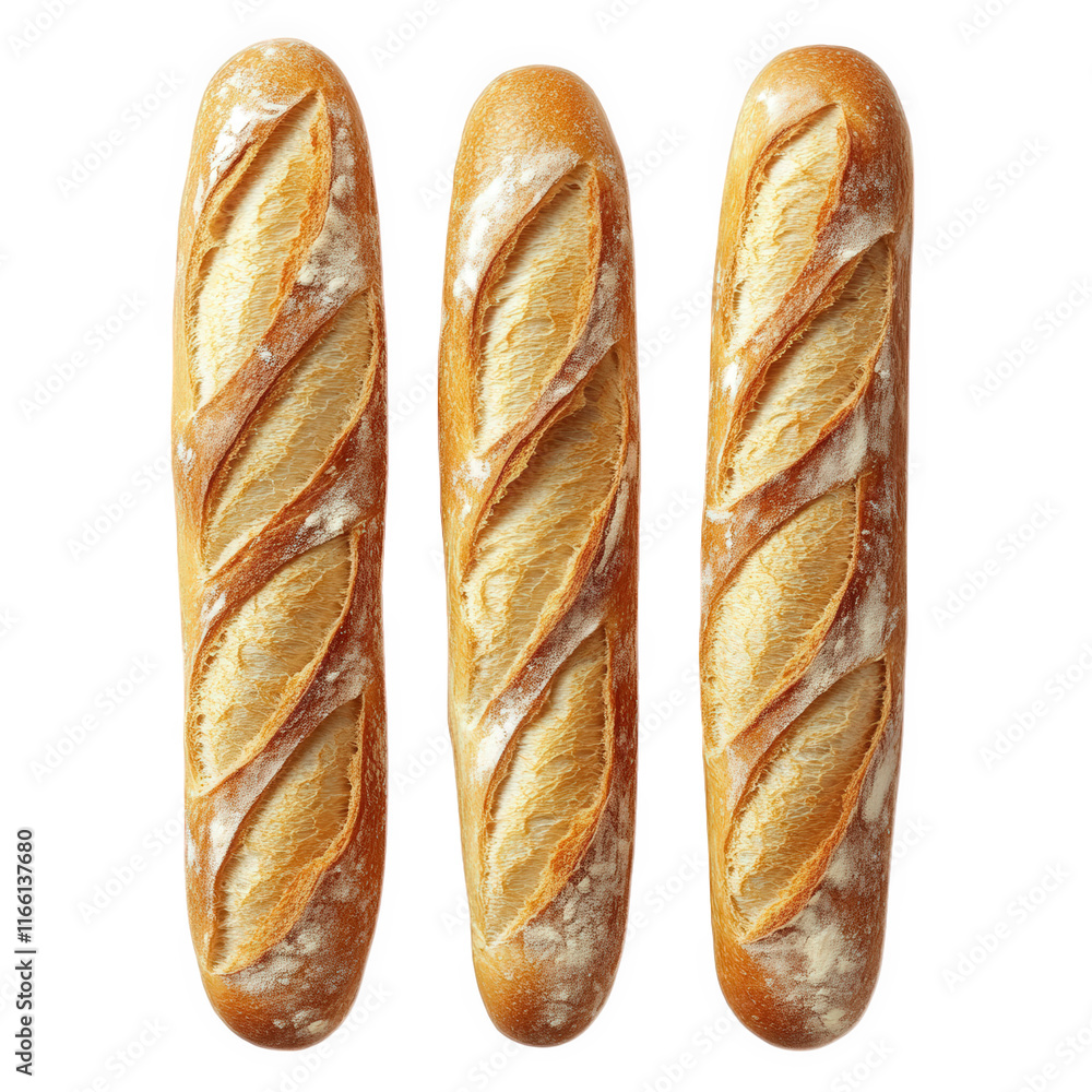 Aufkleber three freshly baked baguettes. showcasing their golden-brown crust and distinct scoring the bread is