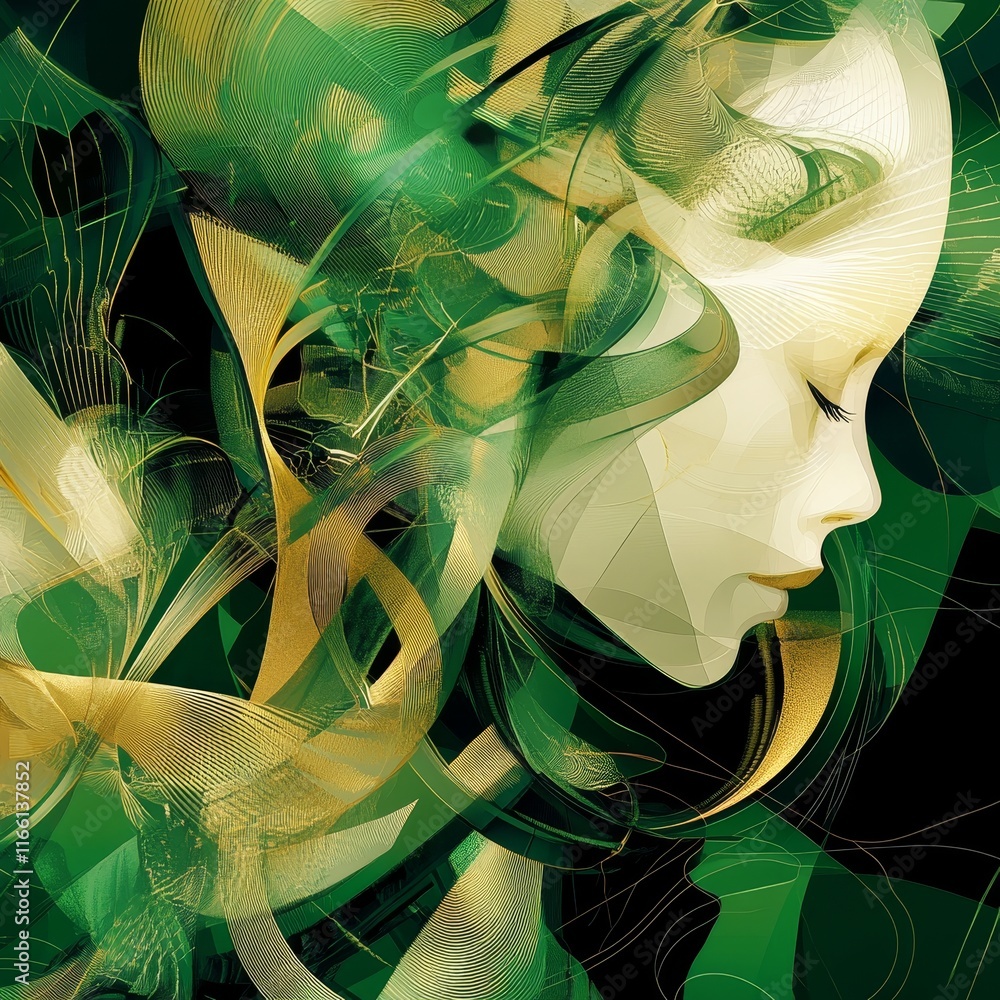 Poster soft green abstract art featuring a serene figure with flowing lines and intricate designs, showcasi