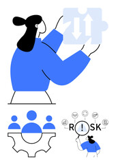Person holding puzzle piece, team over gear for collaboration, and magnifying risk symbol for analysis. Ideal for teamwork, problem-solving, strategy, risk management, leadership, innovation